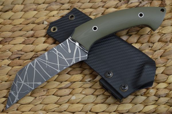 Rick Barrett "Skulltap" Hawkbill Fixed Blade Knife, OD Green, Kydex Sheath Tek-Lok (SOLD)