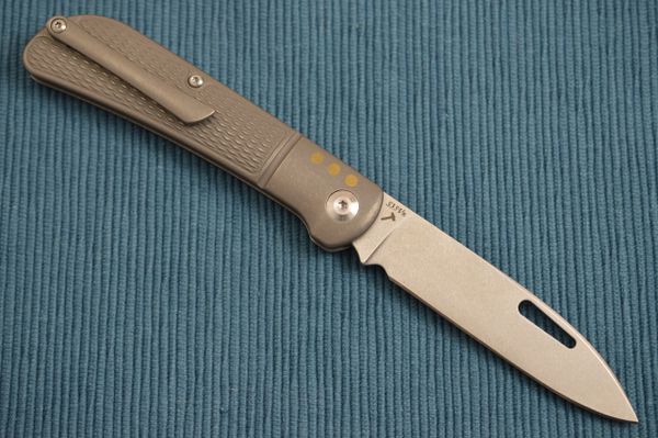J.E. Made "Zulu" Slip-Joint Folding Knife, Checkered Titanium Handle, Faux Bolster, Brass Inlays, Pocket Clip (SOLD OUT)