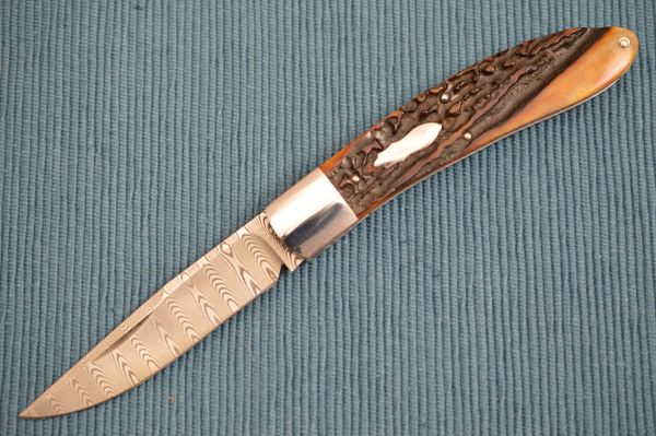 Luke Swenson PROTOTYPE Damascus and Stag Bird & Trout Slip-Joint Folder, 2018 ICCE (SOLD)