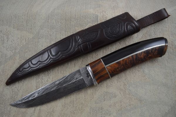 Roger Bergh Damascus Fixed Blade Hunting Knife And Sheath (SOLD)