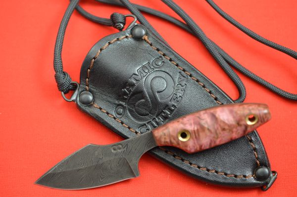 Olamic Cutlery Custom Damascus Neck Knife + Leather Sheath (SOLD)