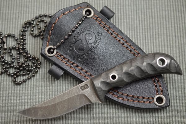 Olamic Cutlery Custom Persian Damascus Neck Knife + Leather Sheath (SOLD)