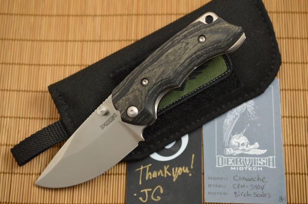 Dervish Knives "Comanche" Midtech Variant 1, Stabilized Charcoal Dyed Birch Scales (SOLD)