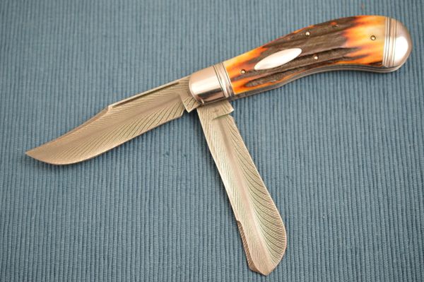 Bill Ruple Damascus and Stag, Large Two-Blade Saddlehorn Trapper (SOLD)
