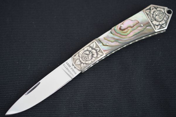 Harvey McBurnette Engraved Front-Lock Folding Knife, Abalone Scales (SOLD)