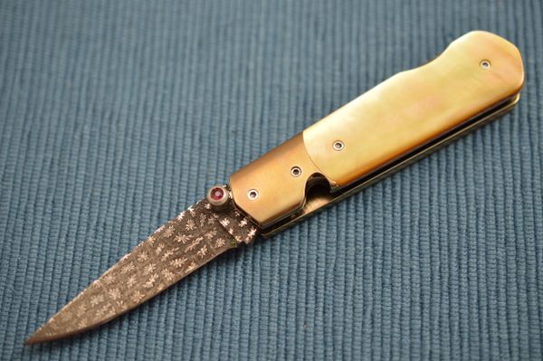 Ralph Turnbull Starburst Damascus, Gold Lip Pearl, Lock-Back Folder (SOLD)