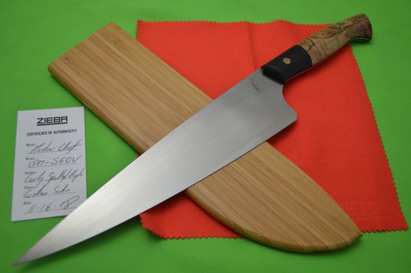 Michael Zieba Custom Master Chef Knife, 9.125" CPM-S60V, Curly Spalted Maple Handle (SOLD)