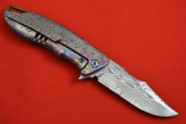 Michael Zieba Custom S7 Damasteel "JOKER", Laser Etched Frame-Lock Flipper Knife (SOLD)