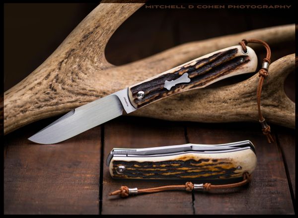 Tom Ploppert Prototype Stag Front Flipper Liner-Lock Folding Knife (SOLD)