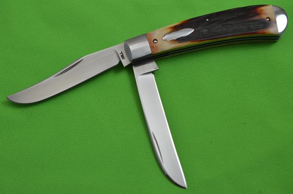 Toby Hill Two-Blade Stag Wharncliffe Trapper Slip-Joint Folding Knife, File-Worked Liners