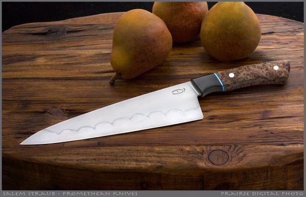 Salem Straub Gyuto Chef's Knife, Stabilized Burl, Aldo's W2 Hamon (SOLD)