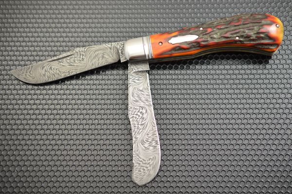 Toby Hill Two-Blade Stag Saddlehorn Trapper, Bruce Barnett "River Of Fire" Damascus Blades