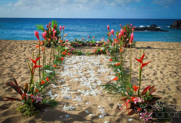 Tropical Hawaiian Wedding Flowers pink ginger birds of paradise ti leaves