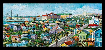 Galveston Art-View of entire city with Pleasure Pier-Hotel Galvez and colorful Homes