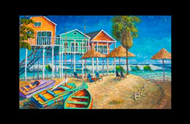 Beach Decor wall art,boats, houses on stilte,ocean,waves.palm tree,large art,heard,art gallery