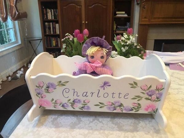 1920s-Doll House Furniture-Metal Baby Cradle--Hand Painted Flowers