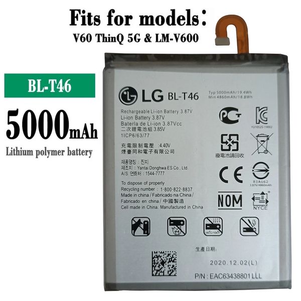 Battery replacement for LG V60 ThinQ 5G 5000mAh BL-T46 LM-V600