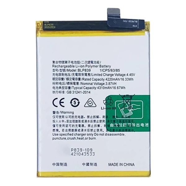Battery Replacement for OPPO BLP839 4310mAh A95 5G Reno5 Z 5G F19 Pro+ 5G A94 5G Reno6 Z Reno6 4G