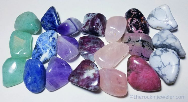 [Pictured left to right: green aventurine, sodalite, amethyst, ruby tourmaline, rose quartz, rhodoni