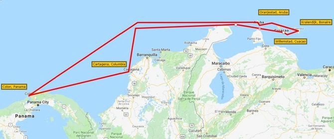 Map showing a sea route from Panama to Caribbean islands and Colombia.