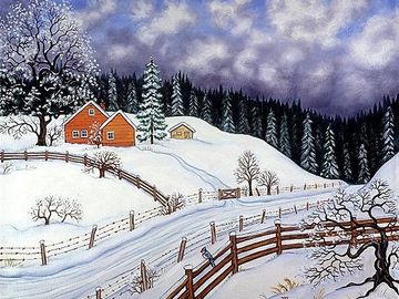 Winter landscape, snow, cabin, forest,
