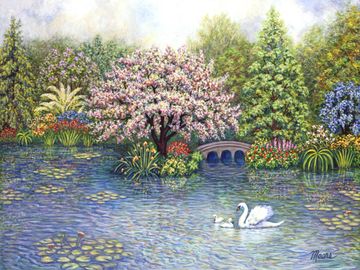 Landscape Swan Lake original paintings and fine art prints sale