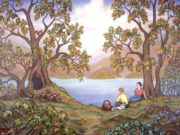 Landscape Picnic by a Lake original painting and fine art prints for sale