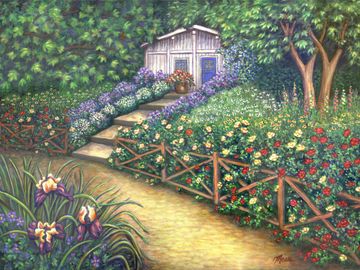 Landscape flower garden original painting and fine art prints for sale by Linda Mears