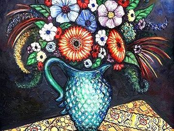 flowers, floral, bouquet, bright colors, blue vase,