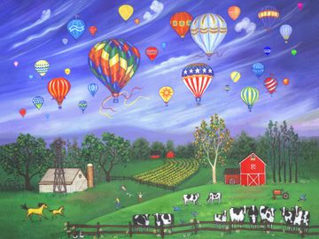 landscape, ballooning, farm, cows, barns, nature, country,