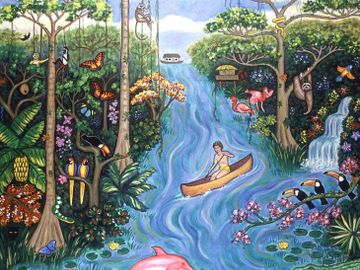 wildlife, jungle, river, boating, dolphins, waterfall, painting, prints, wall art, home decor,
