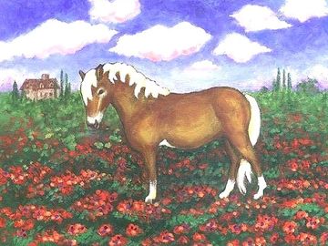 horse, pony, farm animal, pasture, farm, flowers, flower garden, landscape, home decor, wall decor