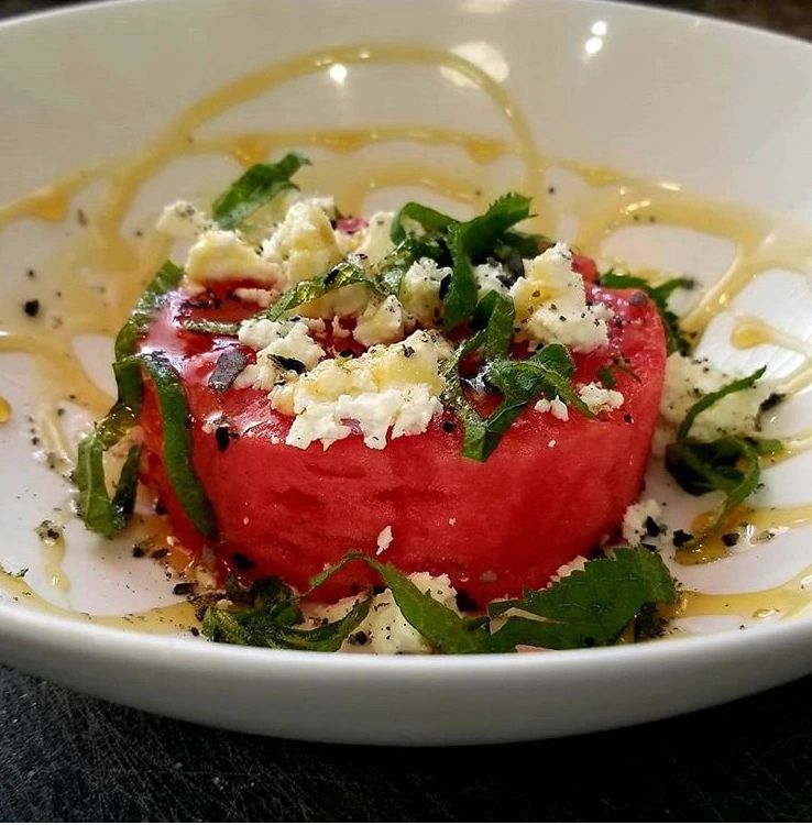 Watermelon Feta Salad topped with Black Cyprus Mediterranean Flake Sea Salt