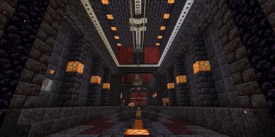 Picture of dark hallway with overhead crane - minecraft nether themed