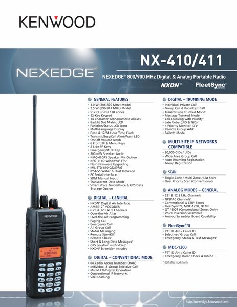 NX-410/411 NEXEDGE® 800/900 MHz Digital & Analog Portable Radio