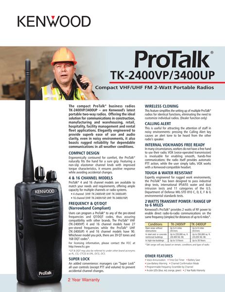 Protalk TK-2400VP/3400UP Compact VHF/UHF FM 2-Watt Portable Radios