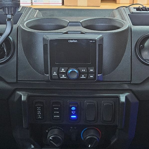 2018 - 2024 Polaris Ranger XP 1000 Dash Mounted Audio Kit - Clarion CMR30 Media Receiver - Rockford Fosgate Front Speakers / 50 Watts x 4 / Keeps the cupholders