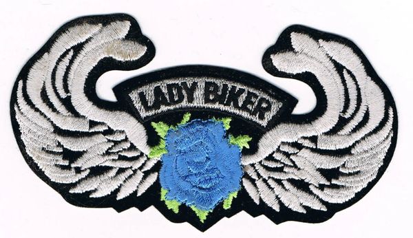 LADY BIKER WITH BLUE ROSE/WINGS