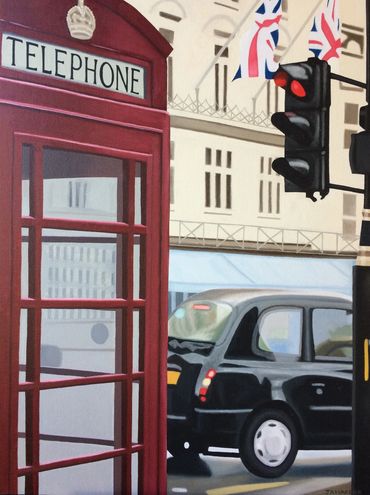 London taxi black cab red telephone box traffic lights union jack flags England original oil paintin