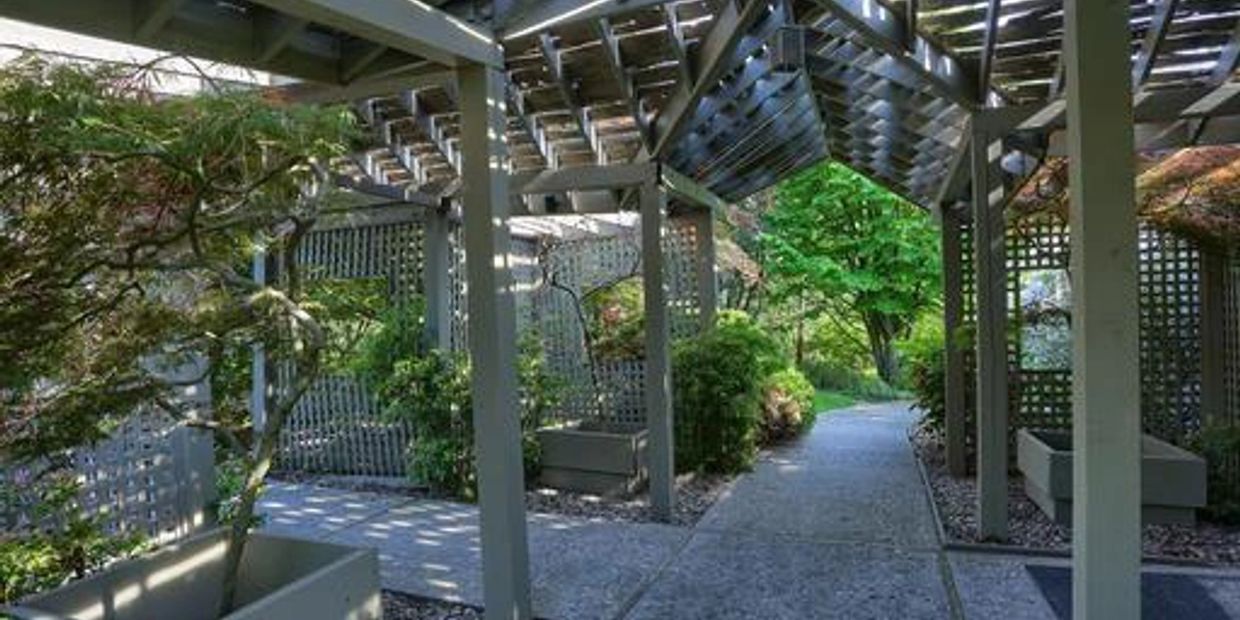 The view of the arbor you walk beneath to get to the main entrance of the Manor at Mountain View