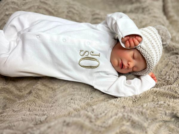 Baby Boy Coming Home Outfit- White Newborn Footie and knit tan stripe hat