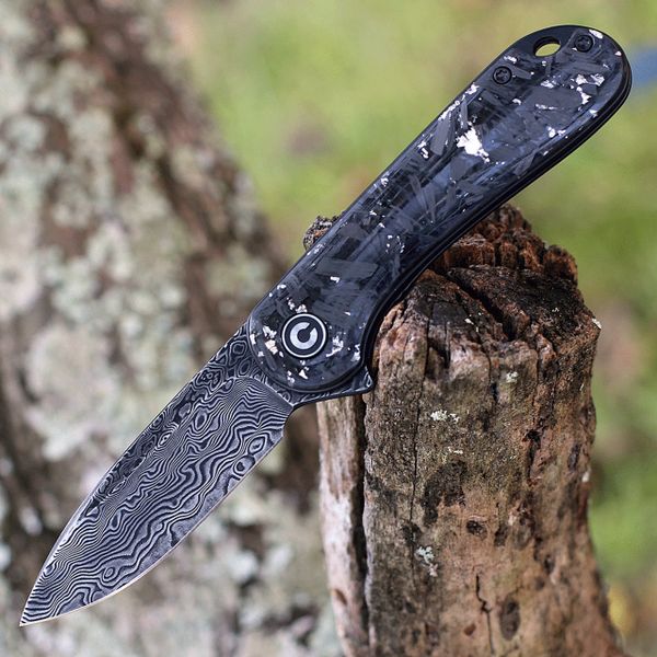 CIVIVI Elementum Flipper Knife-Shredded Carbon Fiber And Silvery Shred In Clear Resin Contoured Handle (2.96" Black Hand Rubbed Damascus) C 907C-DS2