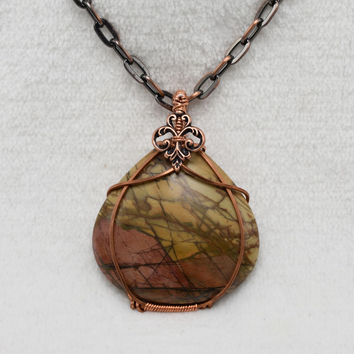 Red Creek Jasper Stone Pendant on Oxidized Copper Chain Necklace - Earthy Natural Gemstone Jewelry