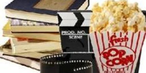 Books, film clapperboard, film reel, and popcorn representing cinema and literature.