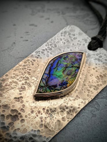 Commissioned bookmark featuring synthetic opal and rich hammered texture. Antiqued and hand-stamped.