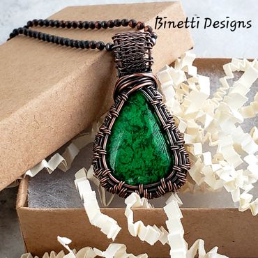 Vibrant and rare Sit-Maw-Maw cabochon wrapped in woven and antiqued copper. Custom commissioned. 