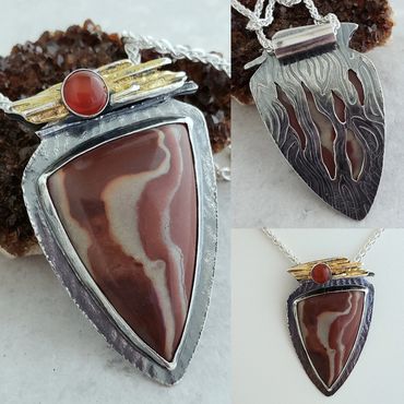 Jasper cabochon with textured, pierced back, sterling broom castings, Carnelian, and 24K Keum-boo.