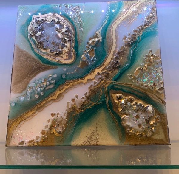 geode art, crystals, mixed media, green wall art, resin, glitter ...