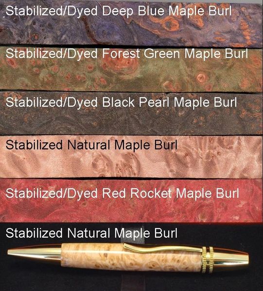 Stabilized / Dyed Big Leaf Maple Burl Wood Pen Blanks