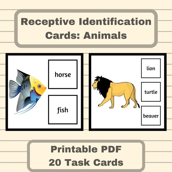 Receptive identification task cards animals large text images